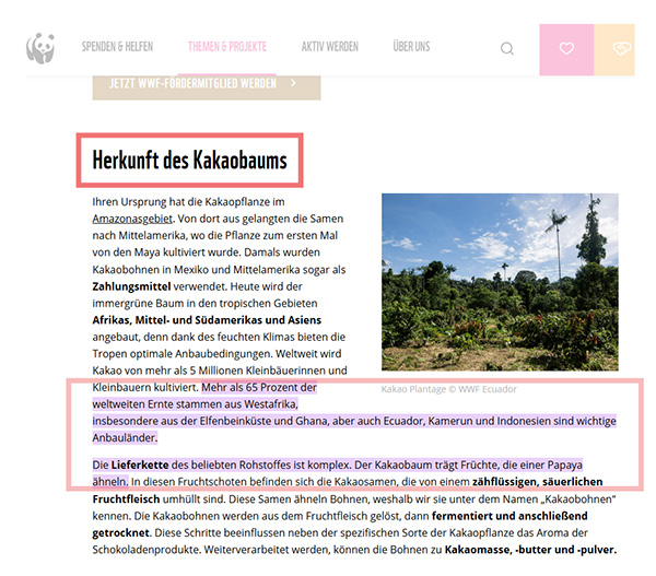 Ein Screenshot eines Features Snippets vom WWF