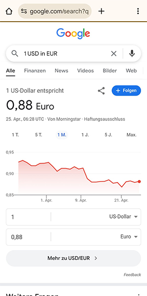 So funktioniert Google: Währungsumrechnung direkt in den Google Suchergebnissen