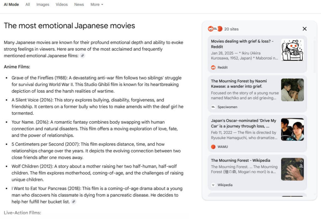 AI Mode Ergebnis zum Suchbegriff The most emotional japanese movie