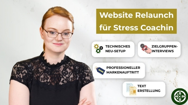 Thumbnail für eine Fallstudie: Auf der linken Seite ist das Portrait einer lächelnden Frau mit Brille zu sehen. Rechts oben steht der Titel „Website Relaunch für Stress Coachin“ in einem olivgrünen Kasten. Darunter sind vier weiße Kacheln mit kleinen Icons und folgenden Texten angeordnet: „Technisches Neu-Setup“, „Zielgruppen-Interviews“, „Professioneller Markenauftritt“ und „Text Erstellung“. Unten rechts befindet sich ein dunkelgrünes Logo.