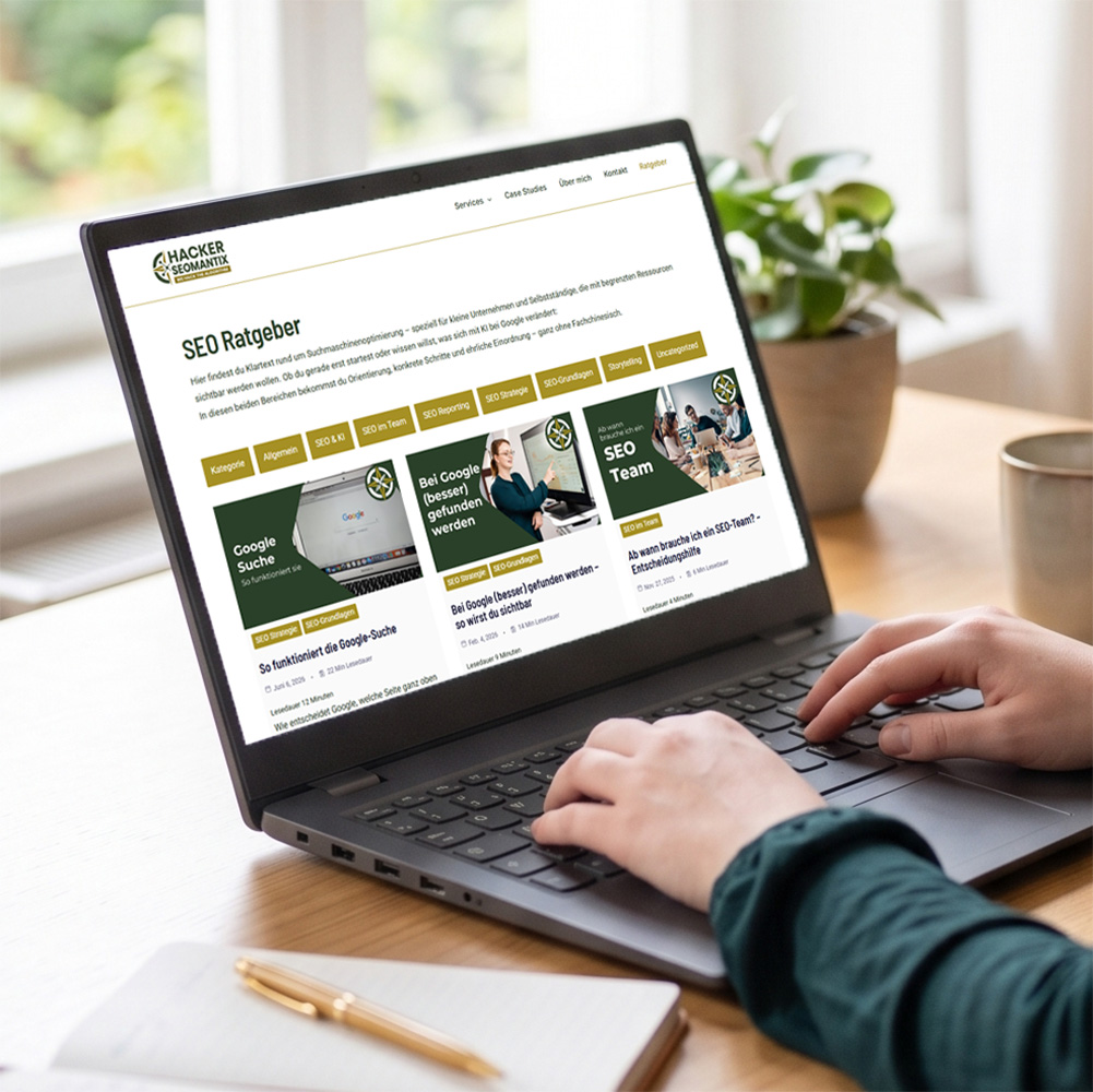 Eine Person arbeitet an einem Laptop. Auf dem Bildschirm ist die Webseite von Hacker Seomantix geöffnet, speziell der Bereich "SEO Ratgeber" mit Blogbeiträgen zu Themen wie der Google-Suche und SEO-Grundlagen.