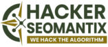 Das Logo von Hacker Seomantix, ein Kompass mit der Schrift "Hacker Seomantix", darunter in einem gelben Balken "We hack the algorithm"